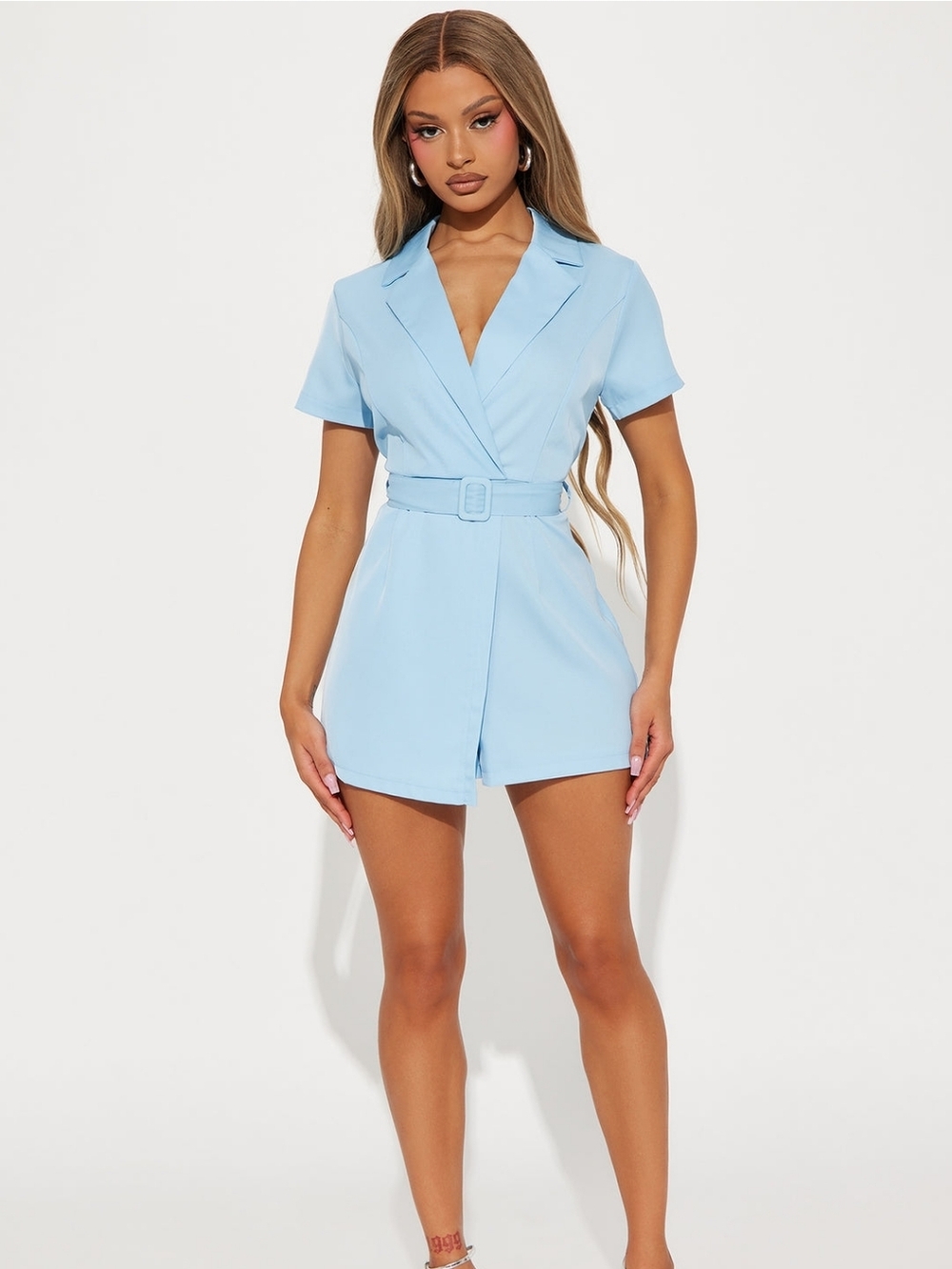 Fashion Nova Powder Blue Short Sleeve Collared Mini Romper